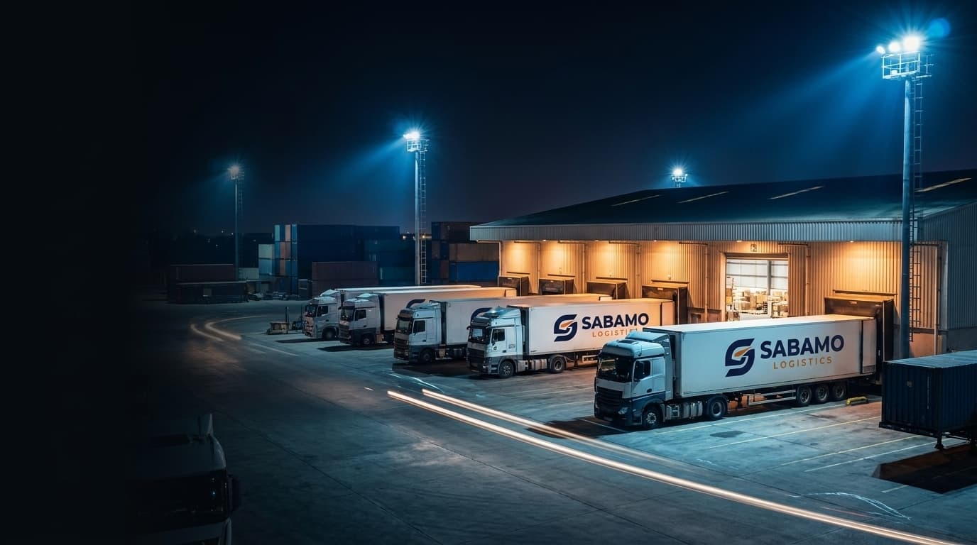 Convoi de camions SABAMO LOGISTICS sur route africaine au coucher du soleil